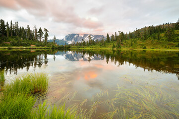 Mount Shuksan at sunset with reflection view from Picture Lake, Deming Washington.
