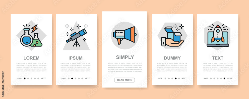 Poster set of start up vertical banners. time management, idea generation, presentation mobile app screens 