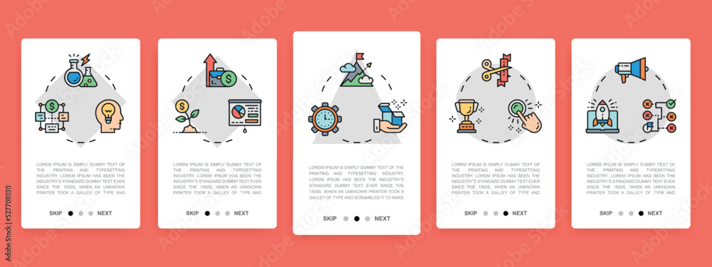 Poster set of start up mobile app screens. time management, idea generation, presentation vertical banners 