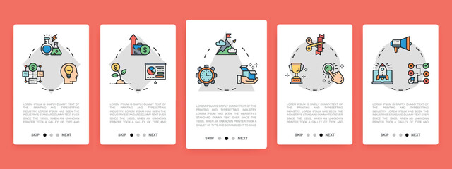 Set of Start up mobile app screens. Time management, idea generation, presentation vertical banners with colored line icons. Banner layout template.