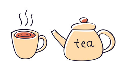 Teapot kettle and hot tea drink cup isolated vector illustration