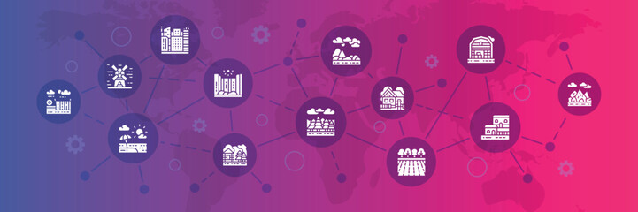 Landscape icons infographic banner. Bridge, Forest, Garden, Volcano, Windmill vector illustration for presentation banner.