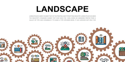 Landscape landing page with colored icons. Bridge, Forest, Garden, Volcano, Windmill vector website concept background.