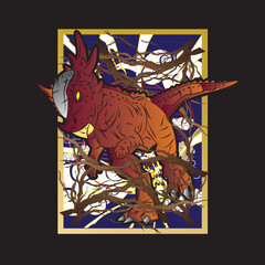 dinosaur design illustration with japanese style background