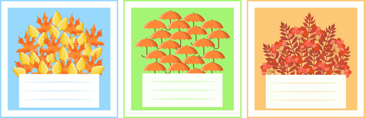Set of stickers with autumn leaves, red berries and umbrellas. Text box.