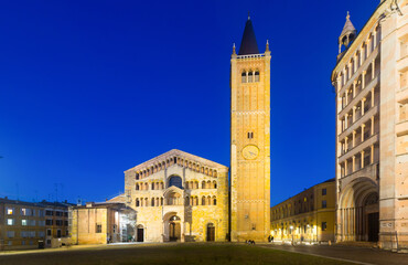 Fototapeta na wymiar Image of view Ancient Piazza Duomo , cathedral and baptistery at dusk, Parma, Italy
