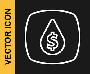 White line Oil drop with dollar symbol icon isolated on black background. Oil price. Oil and petroleum industry. Vector