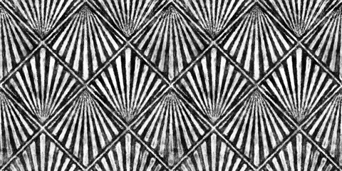 Seamless painted art deco diamond fan stripe motif black and white artistic acrylic paint texture background. Tileable creative grunge monochrome hand drawn geometric wallpaper surface pattern design.
