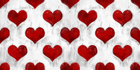 Seamless hearts playing card suit pattern painted with black, white and red paint. Tileable grunge hand drawn valentines day wallpaper love design motif. Gaming, gambling or poker background texture. - obrazy, fototapety, plakaty