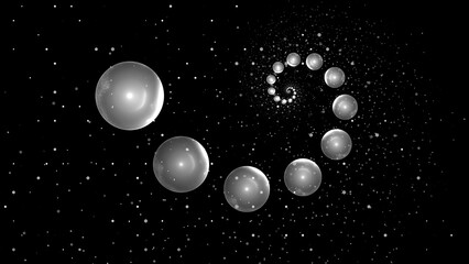 Black and white abstract celestial orbs in a backdrop of stars wallpaper background. Elegant monochrome geometric deep space or cosmos background. Astronomy or infinity concept 3D fractal rendering. © Unleashed Design