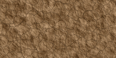 Seamless dry barren cracked dirt or mud background texture. Tileable dried broken brown desert soil with cracks pattern. Global warming, drought or earth day concept wallpaper backdrop. 3D rendering.