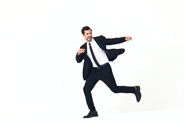 Man business smile with teeth in costume running and jumping up open mouth happiness and surprise full-length on white isolated background copy place 