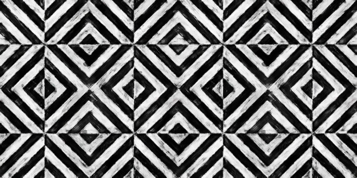 Seamless painted art deco diamond stripe black and white artistic acrylic paint texture background. Tileable creative grunge monochrome hand drawn geometric square motif wallpaper pattern design.