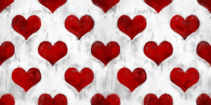 Seamless hearts playing card suit pattern painted with black, white and red paint. Tileable grunge hand drawn valentines day wallpaper love design motif. Gaming, gambling or poker background texture.