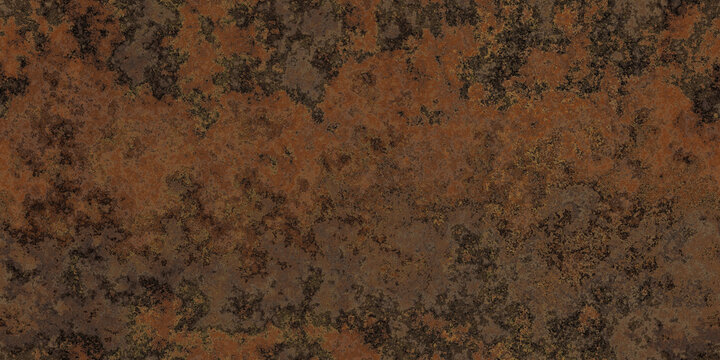 Seamless old worn grungy dark rusted and corroded copper metal patina background texture. Tileable steampunk wallpaper pattern or vintage antique bronze backdrop. High resolution 3D rendering.