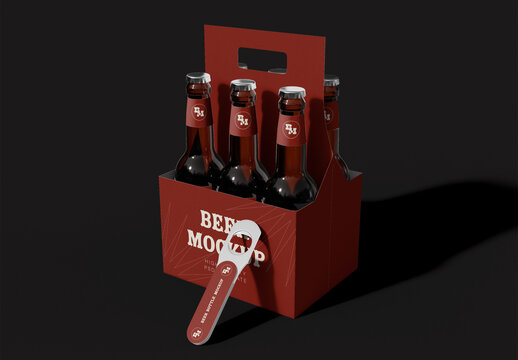 Six Pack Beer Bottles with Metallic Opener Mockup