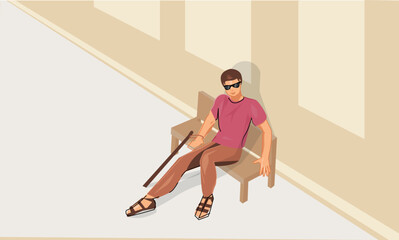 Blind men flat illustration. Blind person sitting on the bench with stick in sunglasses