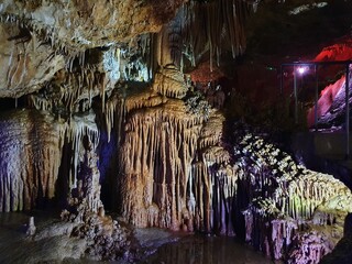 Colorfully illuminated stalactite cave of Gerona, Mallorca, Balearic Islands, Spain