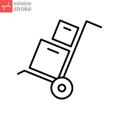 Box trolley line icon, move truck cargo carrier, bag cart delivery, flat luggage suitcase. Packaging Symbol. Hand truck with box editable stroke vector illustration design on white background. EPS 10
