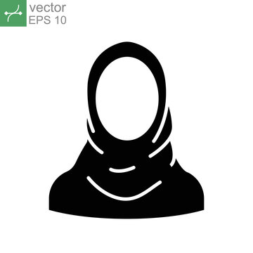 Women Hijab Icon. Female Saudi Arab. Islam Lady. Beautiful Muslim Girl Avatar. Head Scarf Eastern Women's Clothing Logo. Solid Style Pictogram. Vector Illustration. Design On White Background. EPS 10