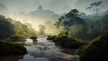 amazonas-regenwald, tropischer fluss mit dampf, dschungellandschaft mit sonnenaufgang, digitale illustration