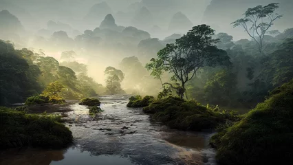 amazonas-regenwald, tropischer fluss mit dampf, dschungellandschaft mit sonnenaufgang, digitale illustration © CROCOTHERY