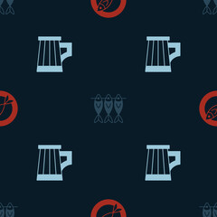 Set Dried fish, and Wooden beer mug on seamless pattern. Vector
