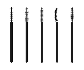 Brushes for eyelashes and eyebrows of different shapes. Cosmetic accessories silhouette set.
