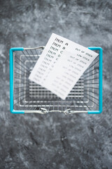 business inventory with every item being Low stock or out of stock next to empty shopping basket, supply chain shortages and delays after the covid-19 global pandemic.