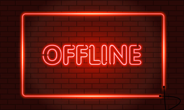 Neon sign OFFLINE in a frame on brick wall background. Vintage electric signboard with bright neon lights. Red light falls. Vector illustration