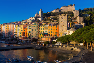 Fototapeta na wymiar Colorful Portovenere on coastline of La Spezia in Italy outdoors.