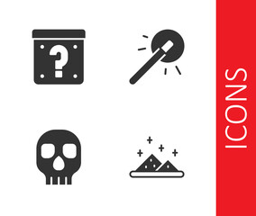 Set Magic powder, Mystery box, Skull and wand icon. Vector