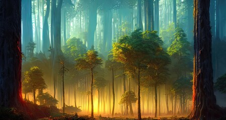 Obraz premium Magical dark fairy tale forest, neon sunset, rays of light through the trees. Fantasy forest landscape. Unreal world, moon, moss. 3D illustration.