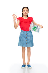 metal recycling, waste sorting and sustainability concept - smiling girl holding plastic box with tin cans showing ok hand sign over white background