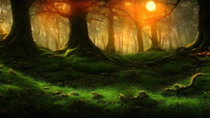 Magical dark fairy tale forest, neon sunset, rays of light through the trees. Fantasy forest landscape. Unreal world, moon, moss. 3D illustration.