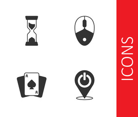 Set Power button, Old hourglass, Playing cards and Computer mouse icon. Vector