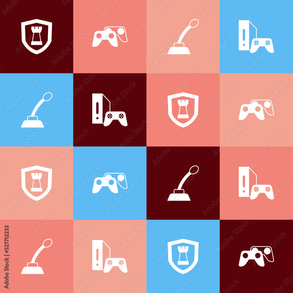 Aufkleber set pop art chess shield, game controller or joystick, microphone and console with icon. vector