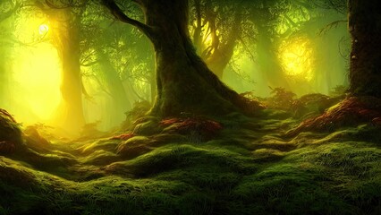 Fototapeta na wymiar Magical dark fairy tale forest, neon sunset, rays of light through the trees. Fantasy forest landscape. Unreal world, moon, moss. 3D illustration.