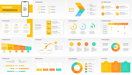 Business Presentation Template with Infographics: 16 slide layouts for check lists, columns, processes, tables, highlights, circle charts, Venn diagrams, bullets, and more	 - obrazy, fototapety, plakaty