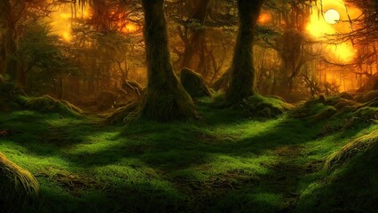 Magical dark fairy tale forest, neon sunset, rays of light through the trees. Fantasy forest landscape. Unreal world, moon, moss. 3D illustration.