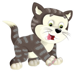 Cartoon happy cat standing smiling - milk in the bowl - isolated - illustration for children