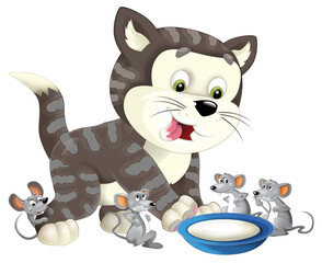 Cartoon happy cat standing smiling and thinking around the mice - milk in the bowl - isolated - illustration for children
