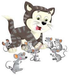 Cartoon happy cat standing smiling and thinking around the mice - milk in the bowl - isolated - illustration for children