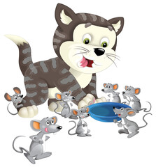 Cartoon happy cat standing smiling and thinking around the mice - milk in the bowl - isolated - illustration for children