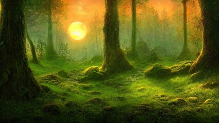 Magical dark fairy tale forest, neon sunset, rays of light through the trees. Fantasy forest landscape. Unreal world, moon, moss. 3D illustration. - obrazy, fototapety, plakaty