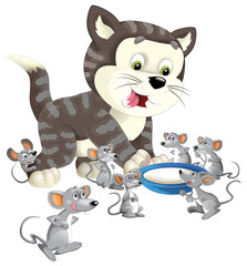 Cartoon happy cat standing smiling and thinking around the mice - milk in the bowl - isolated - illustration for children