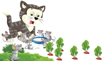 Cartoon happy cat standing smiling and thinking around the mice - milk in the bowl - isolated - illustration for children