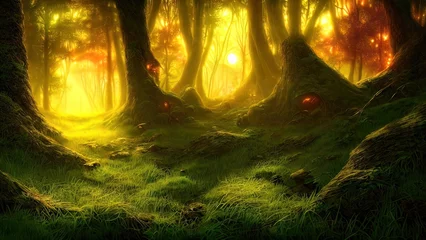 Fotobehang Magical dark fairy tale forest, neon sunset, rays of light through the trees. Fantasy forest landscape. Unreal world, moon, moss. 3D illustration. © MiaStendal