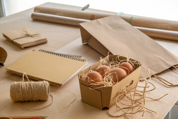 objects of recycled material, paper, wood, fiber for decoration and packaging of ecological...