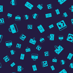 Set Briefcase, Worldwide, Magnifying glass and mobile and Mail e-mail on seamless pattern. Vector